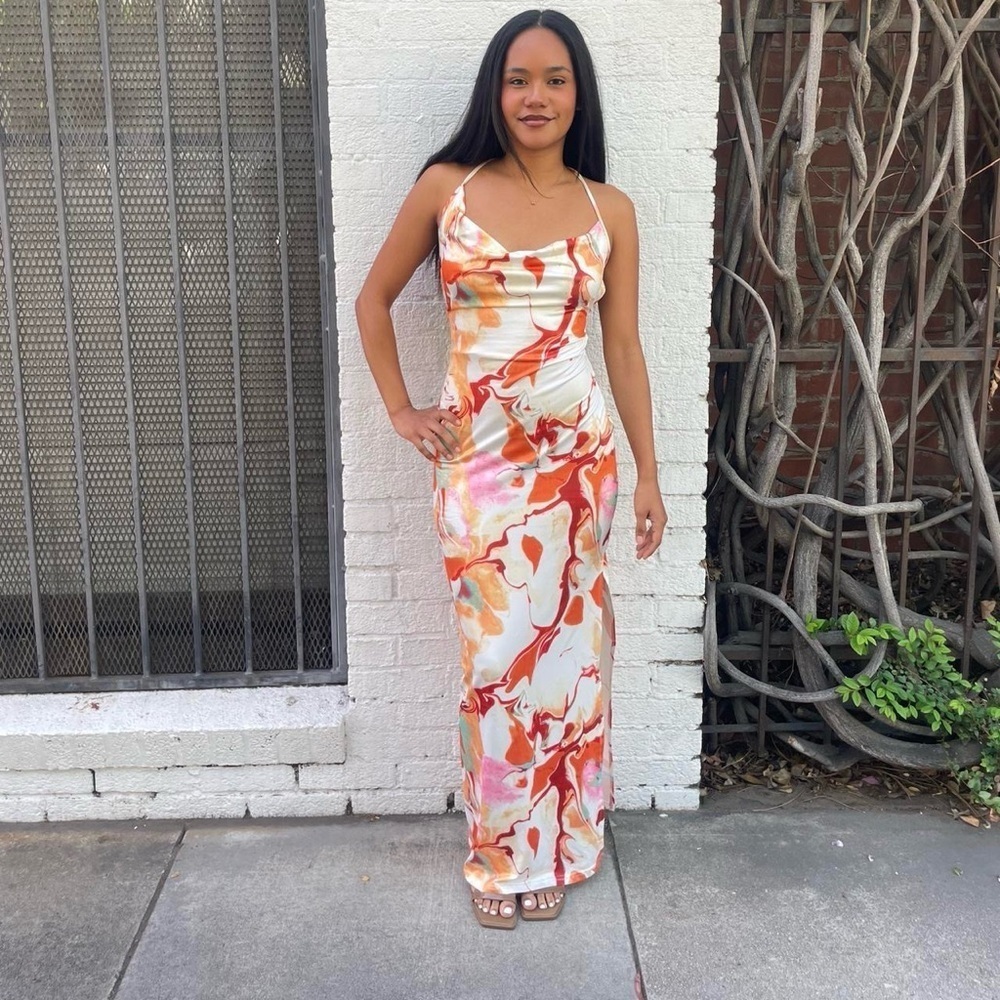 Orange and white abstract print cowl maxi dress size small / not sure the brand